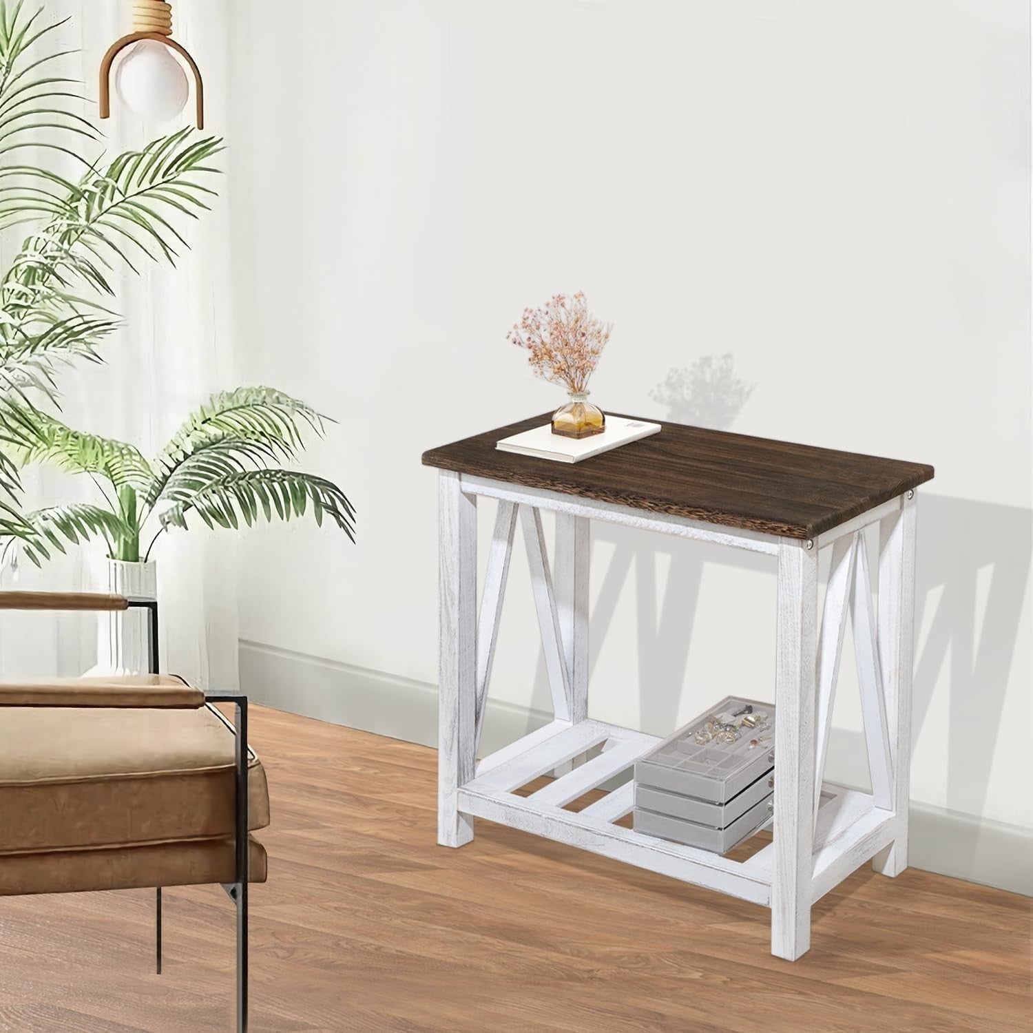 Rustic Brown & White Farmhouse End Table with Storage Shelf, Space-Saving