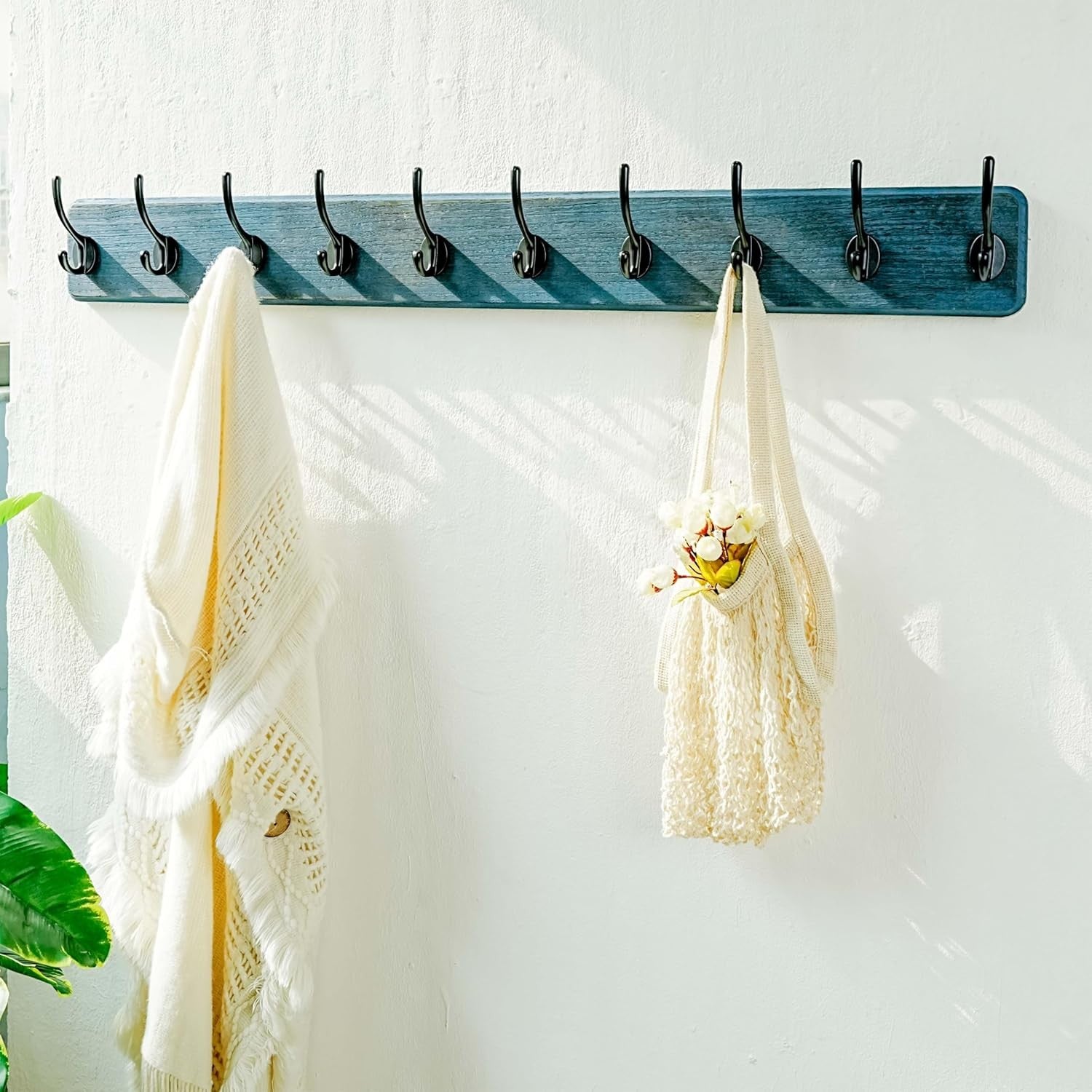 Wooden Wall Mounted Coat Rack 97cm 10 Double Hooks Rustic Blue Hanger