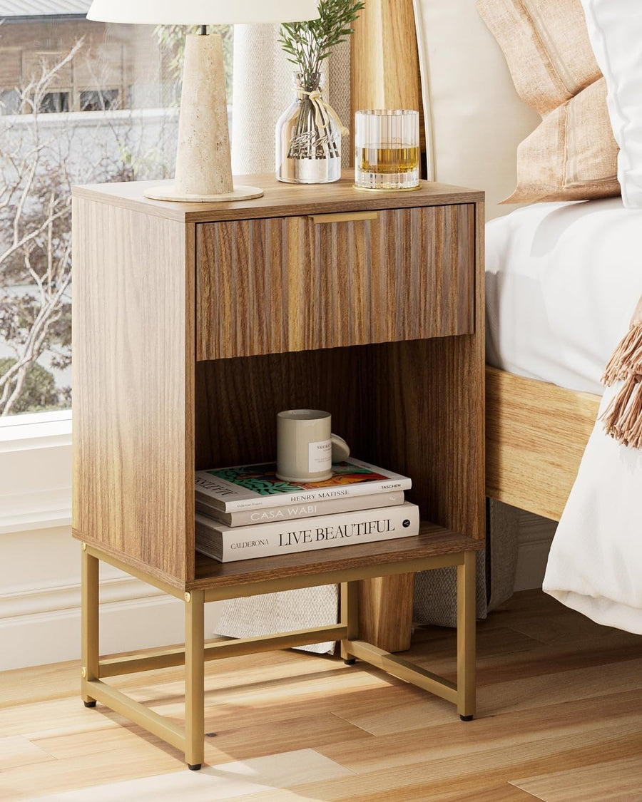 Walnut Bedside Table with Drawer & Shelf – Modern Fluted Wood