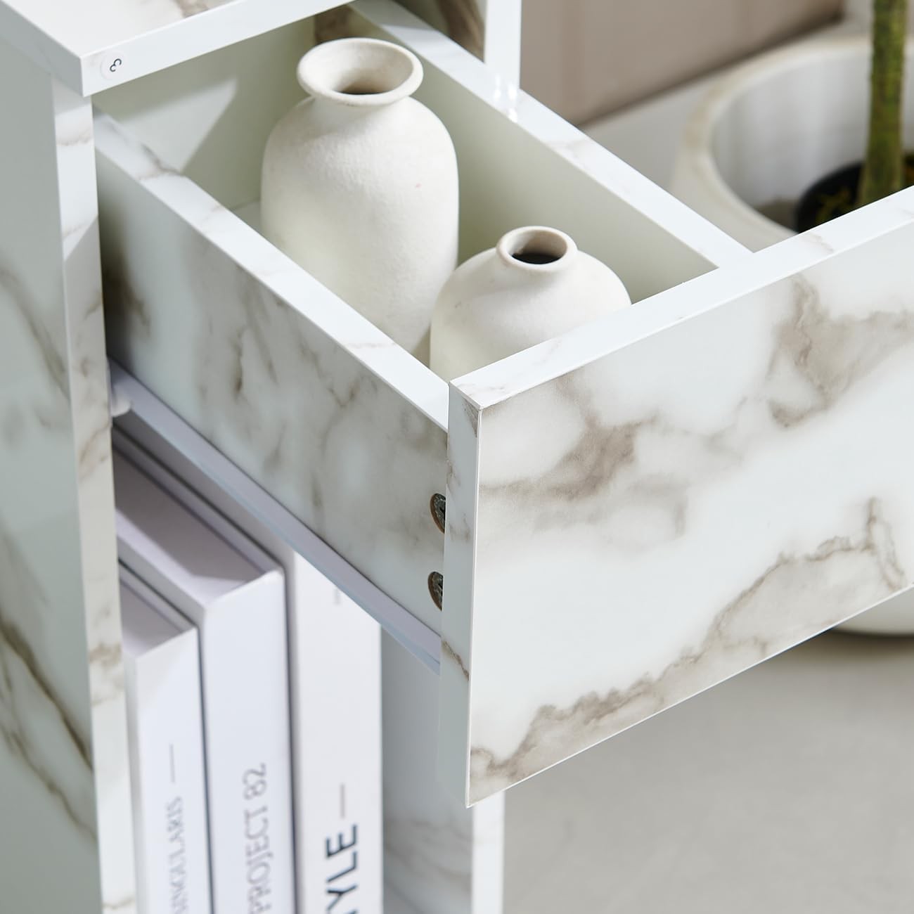 White Marble Slim Bedside Table with Drawer & Shelf, Narrow Modern Nightstand