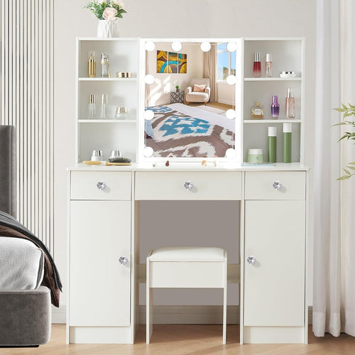 Vanity Dressing Table Set w/LED Mirror USB Light 3 Drawer Makeup Desk White Wood
