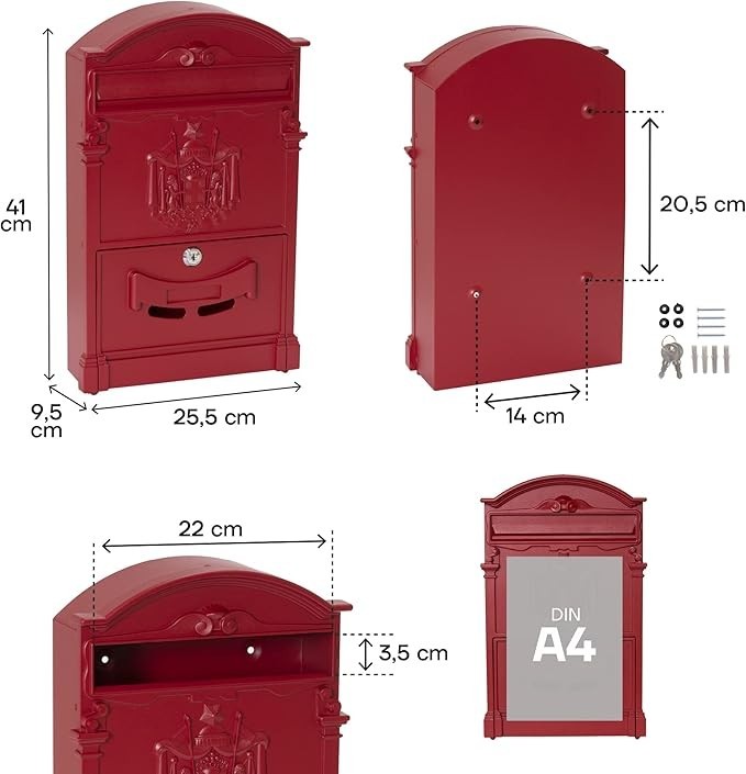 Wall Mounted Red Aluminium Mailbox DIN A4 Lockable Weatherproof Secure Post Box