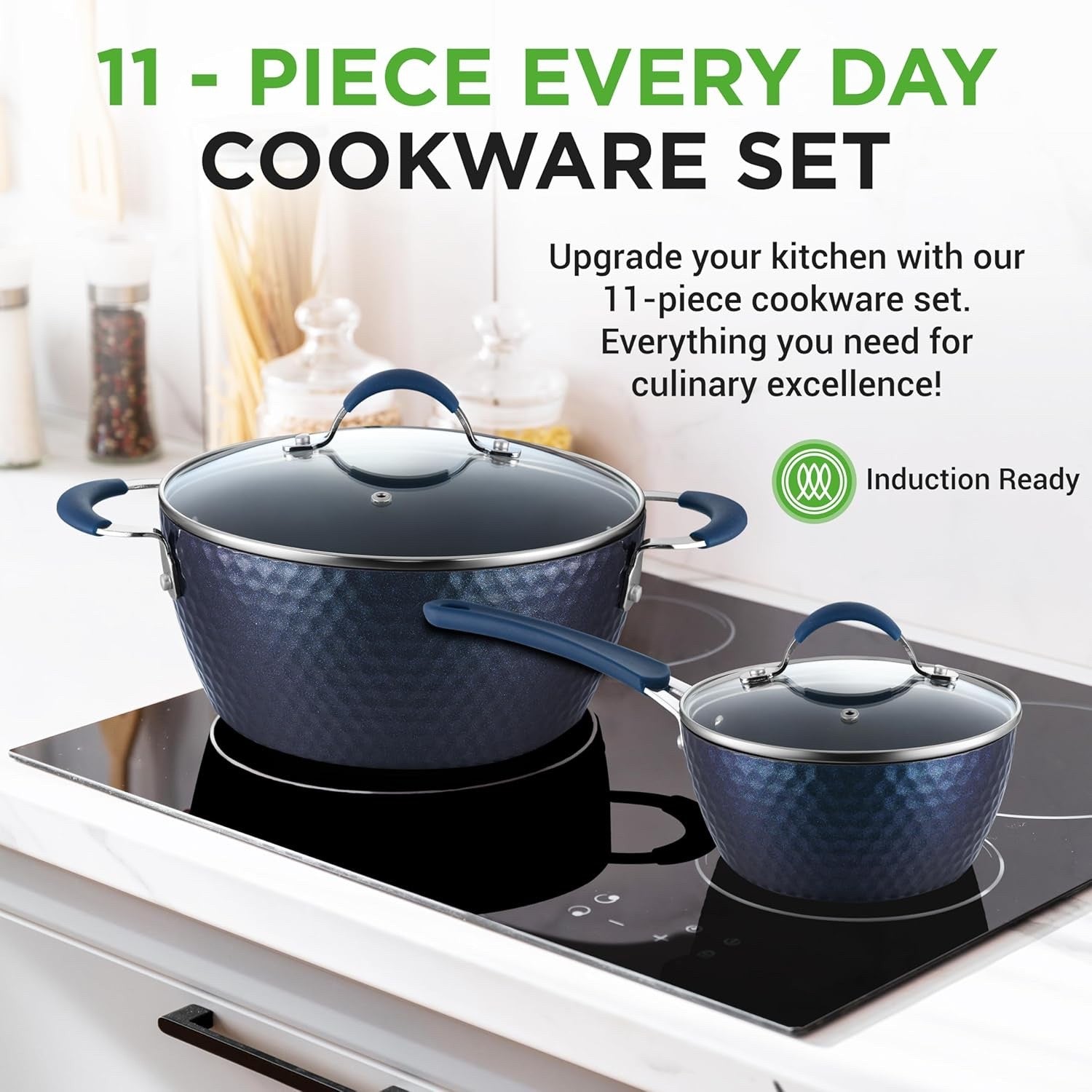 11pcs Blue Diamond Non Stick Cookware Set Induction Ready Pots and Pans with Lid