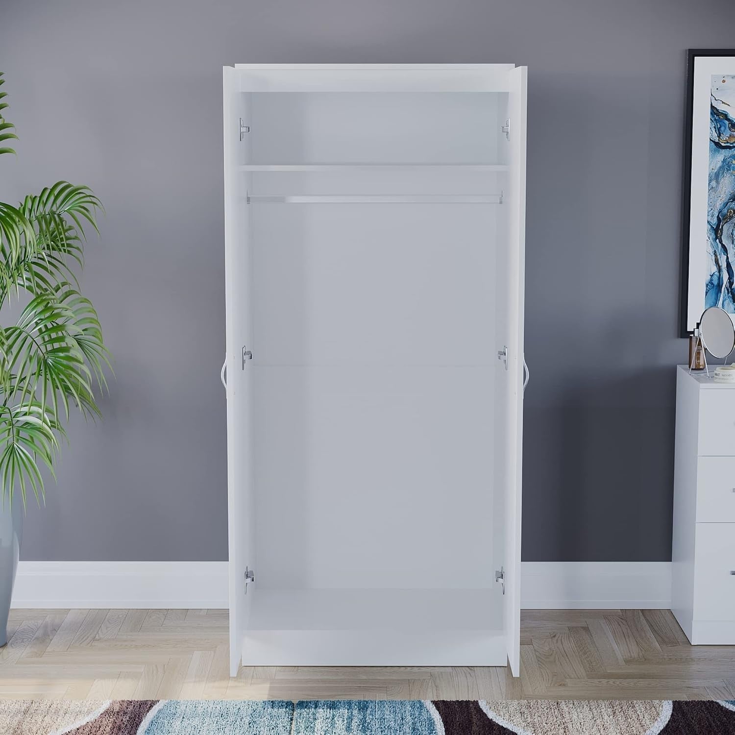 White 2 Door Bedroom Wardrobe with Hanging Rail & Shelf | Storage Unit