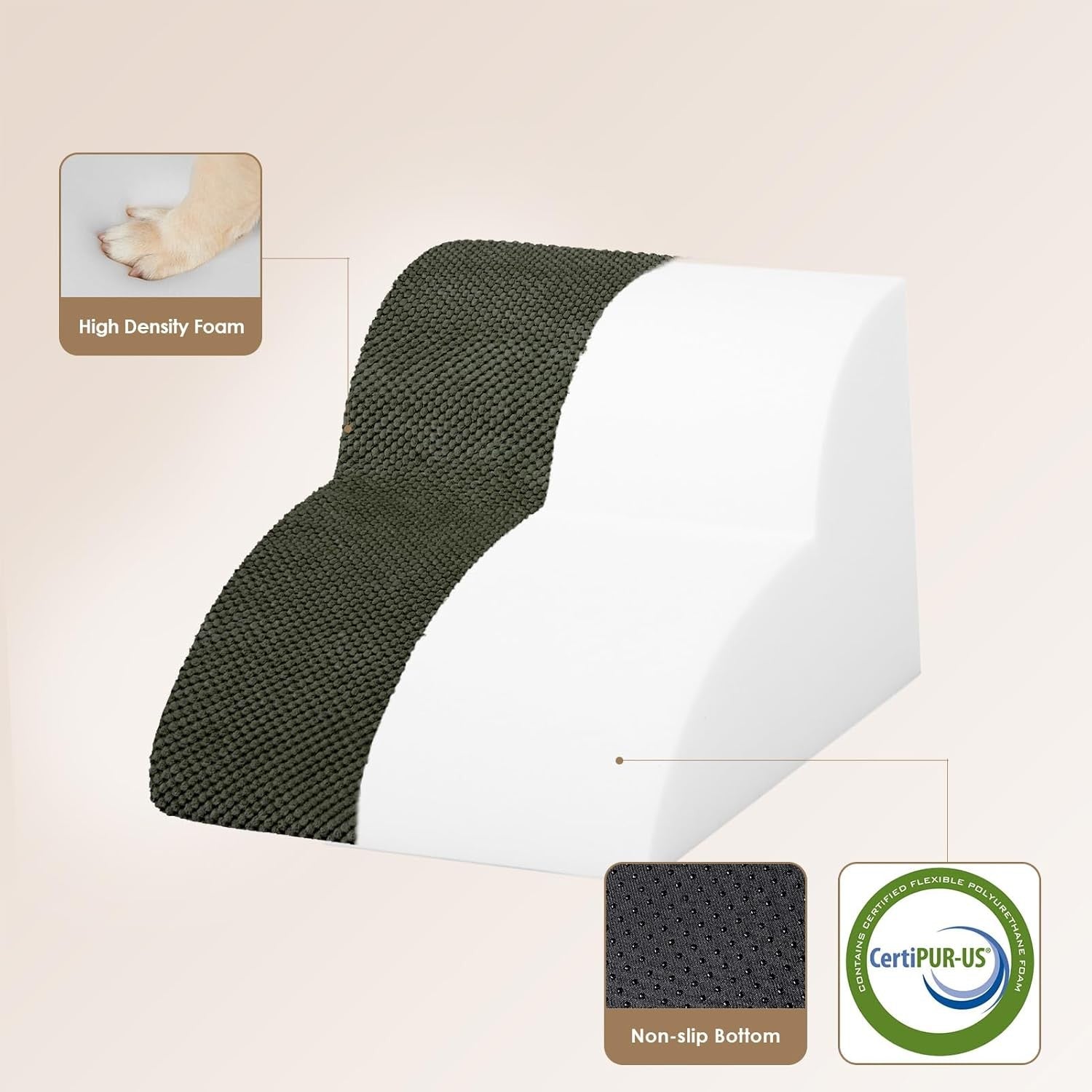 2 Step Dog Stairs for Sofa Non Slip Pet Steps Washable Olive 40x50x30