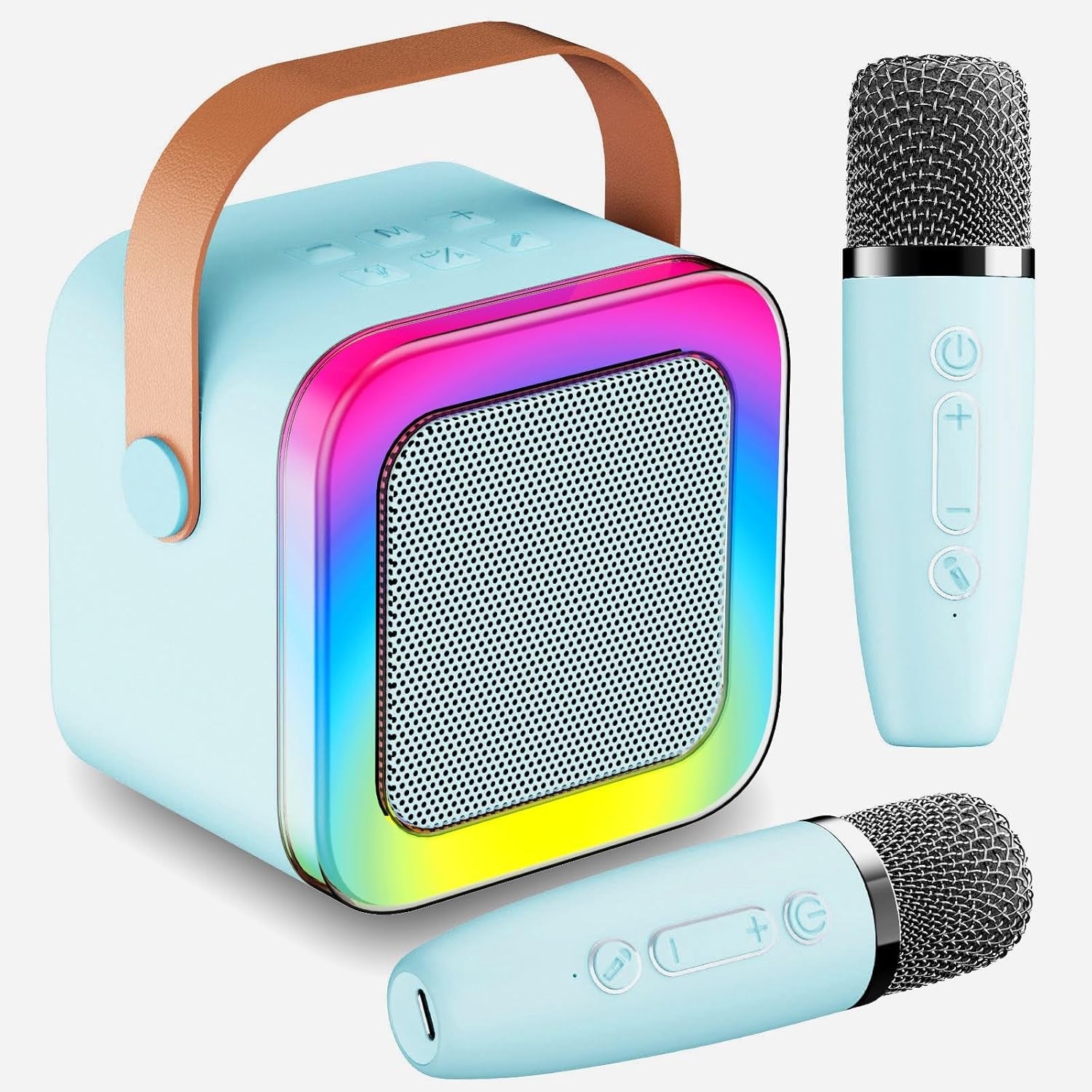Mini Karaoke Machine for Kids & Teens 2 Wireless Mics LED Lights