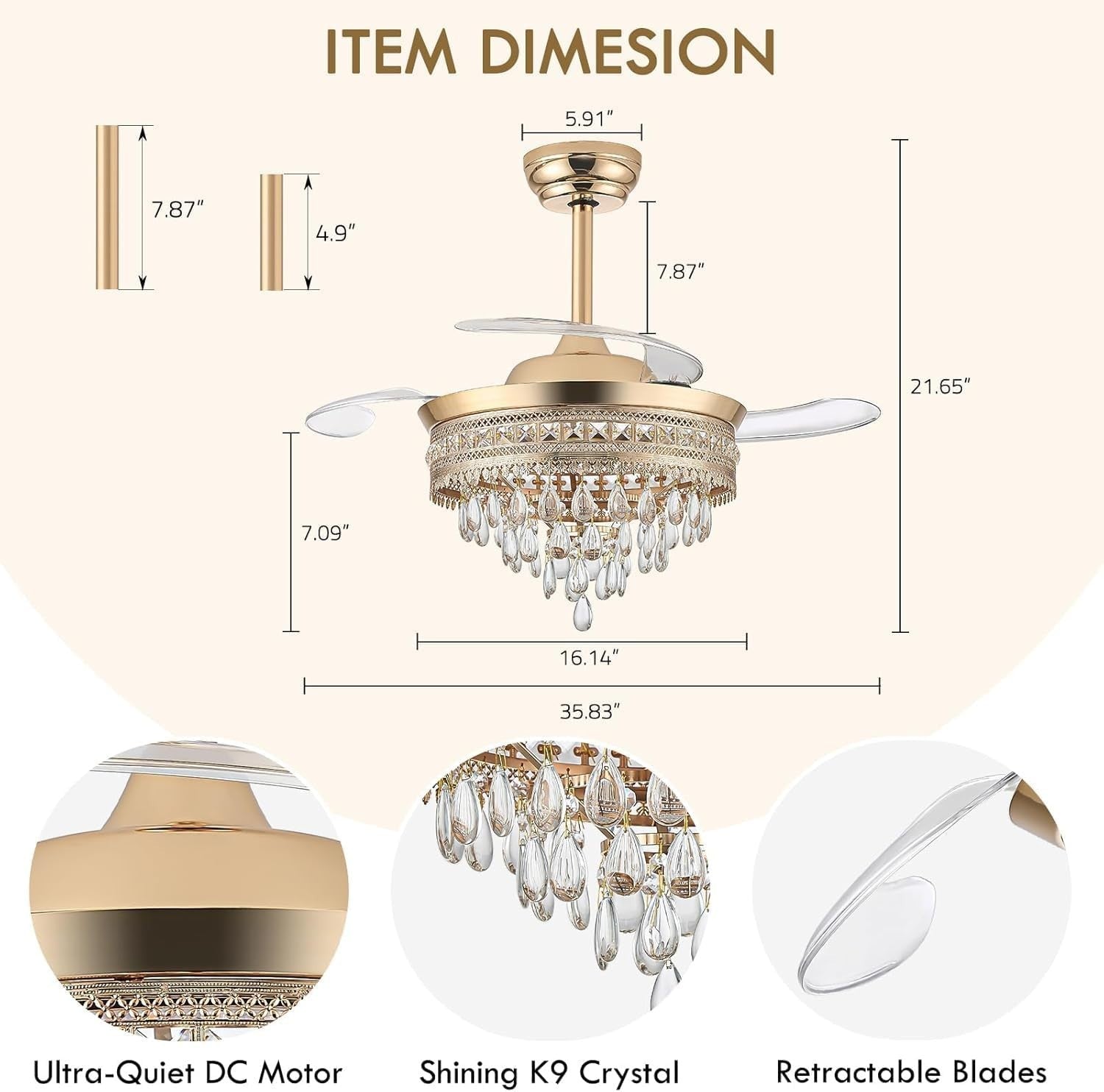 Crystal Ceiling Fan, 6 Speeds, Dimmable LED, Remote, Reversible