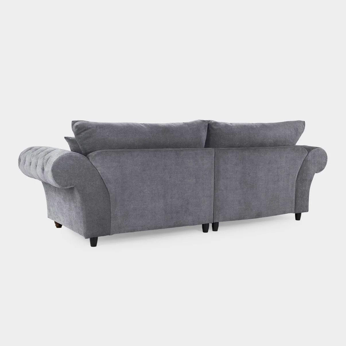 Grey 4 Seater Sofa with Chenille Fabric & Button-Tufted Scroll Arms.