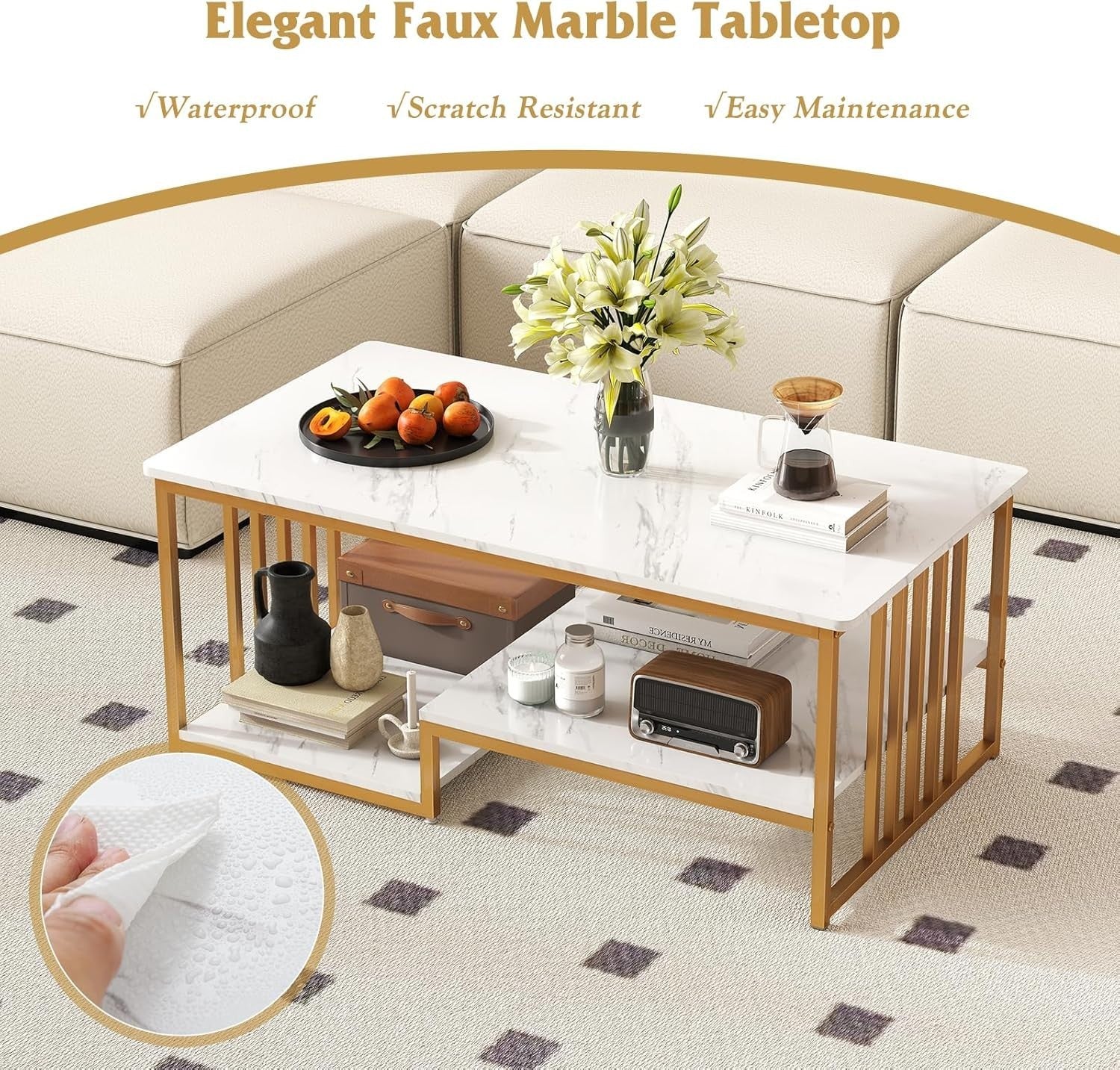 Modern Faux Marble Coffee Table 2-Tier Rectangular with Storage Shelf 110x60cm