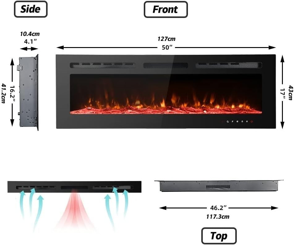 50in Wall Mounted Electric Fireplace Heater 12 LED Flame Remote Heat