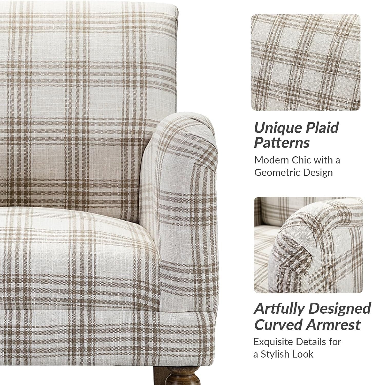 Plaid Armchair Lounge Chair Comfy Upholstered Seat Wood Legs Living Room