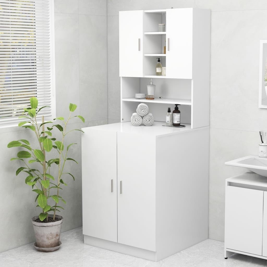 White Washing Machine Cabinet with Shelves & Doors Laundry Storage Unit 70cm