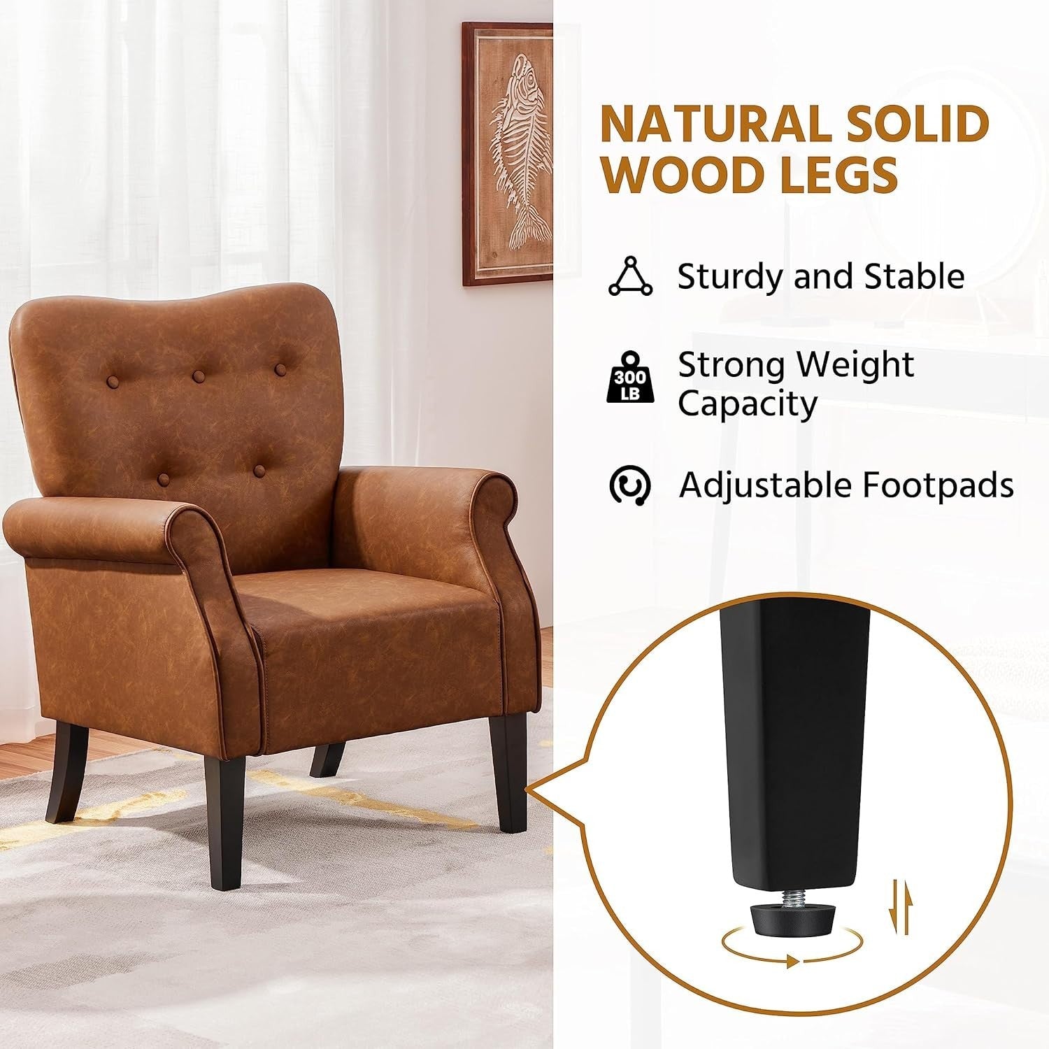 Retro Brown PU Leather Tub Chair Accent Armchair Padded Living Room Seat