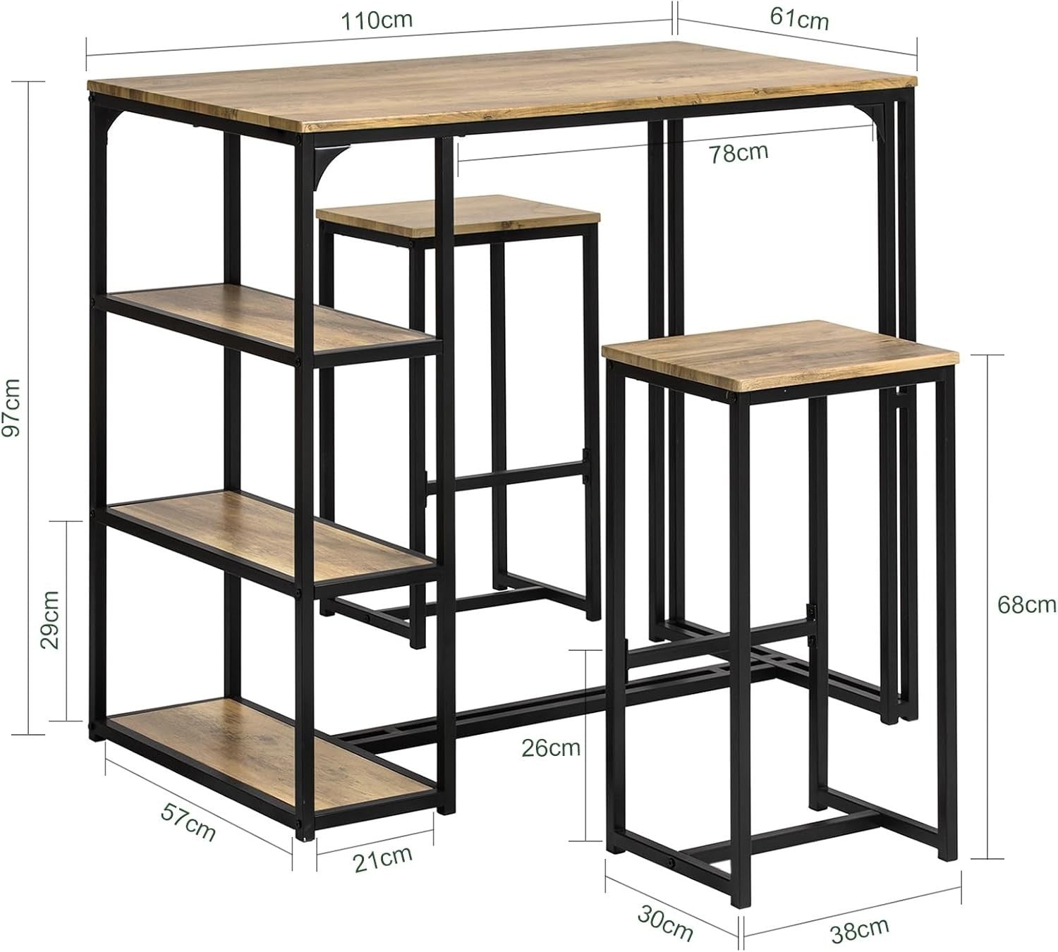 3 Piece Breakfast Bar Table Set with Shelves & 2 High Stools Dining Kitchen