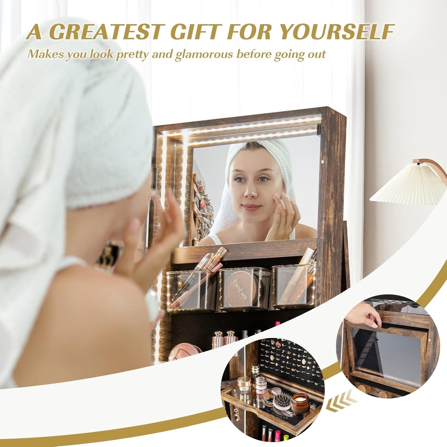 360° Swivel Jewelry Armoire Lockable Full Length Mirror LED Storage Rustic