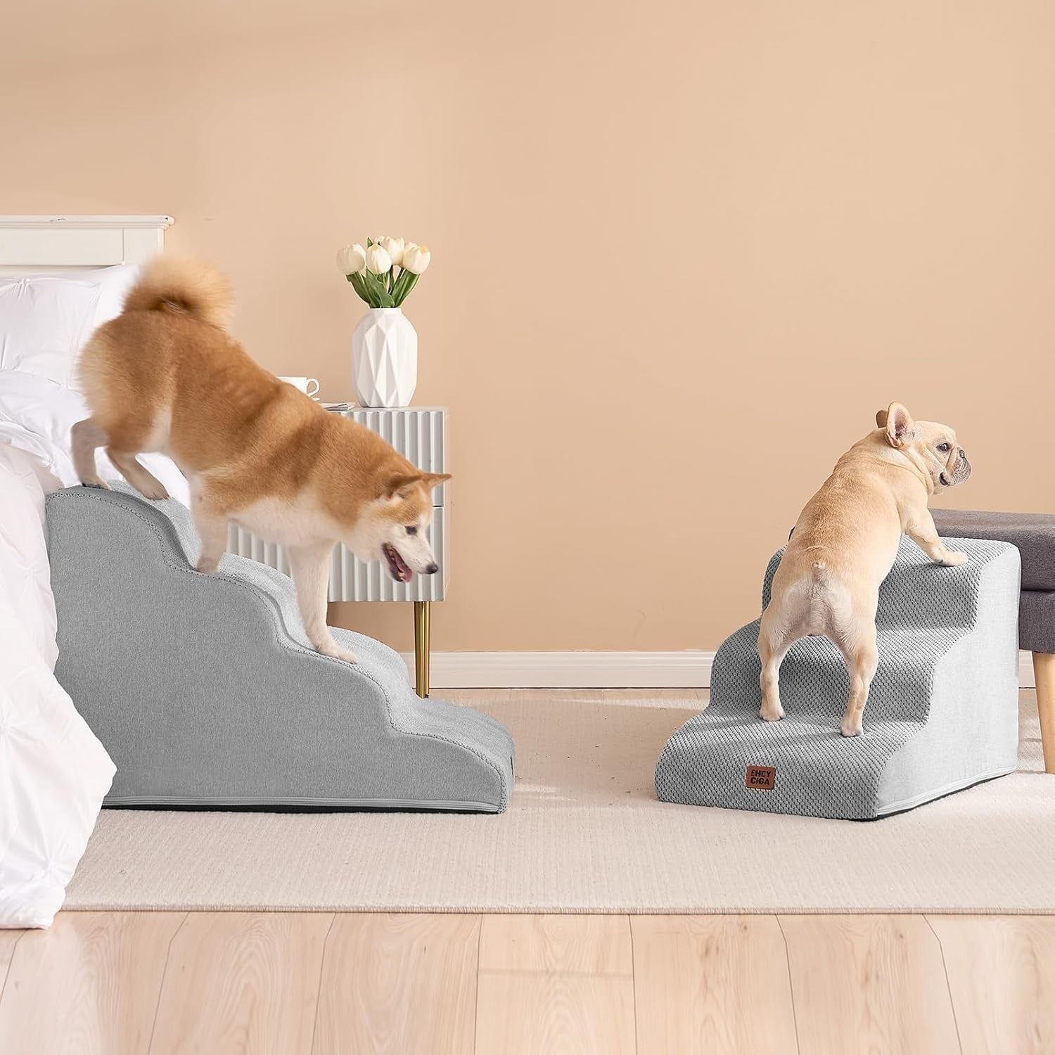 3 Step Dog Stairs for Bed Non Slip Foam Pet Steps Washable Light Grey