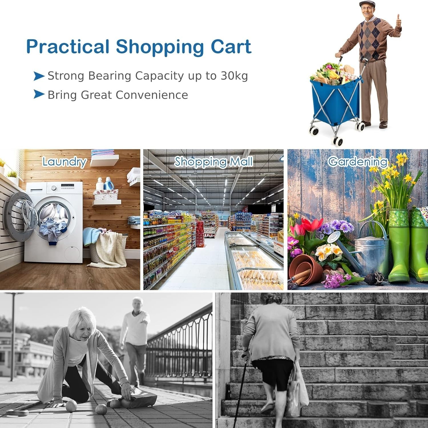 Large 90L Folding Shopping Trolley 8 Wheel Push Cart Waterproof Bag
