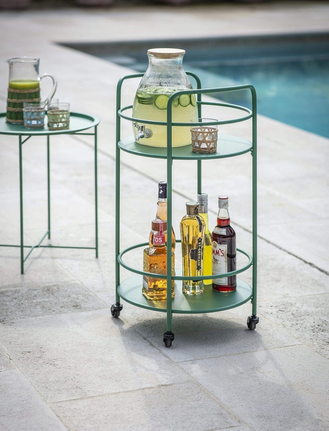 Round Drinks Trolley Serving Cart Metal Rolling Bar Cart Indoor Outdoor