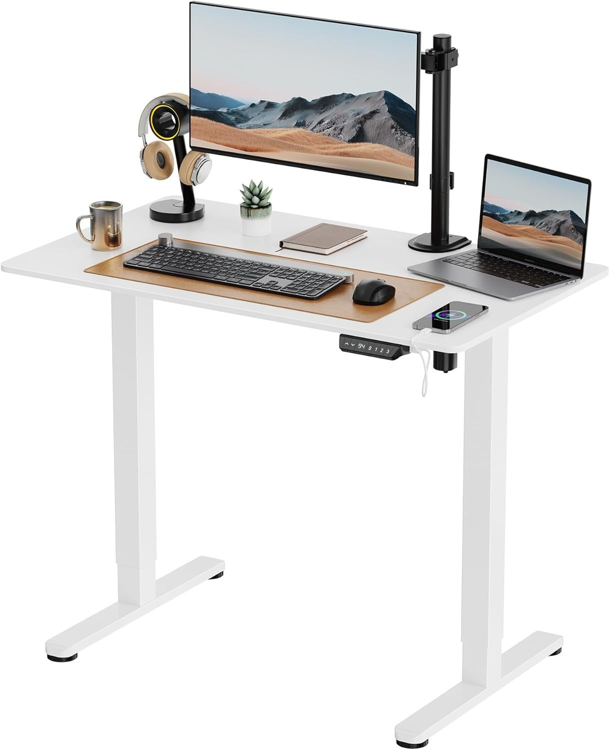 White 100x60cm Electric Standing Desk w/USB-C & Height Memory Control