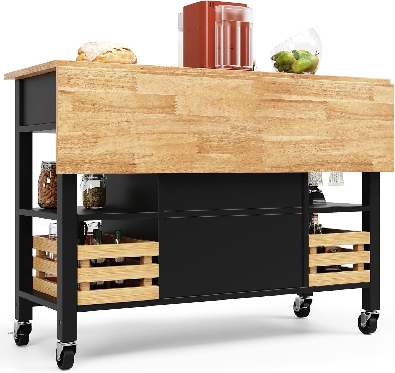 Kitchen Island Trolley on Wheels Expandable Top 3 Drawers Storage Black