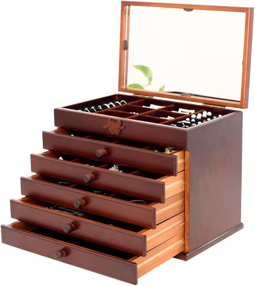 Lockable Wooden Jewelry Box Armoire 5 Drawer Organizer Velvet Lined