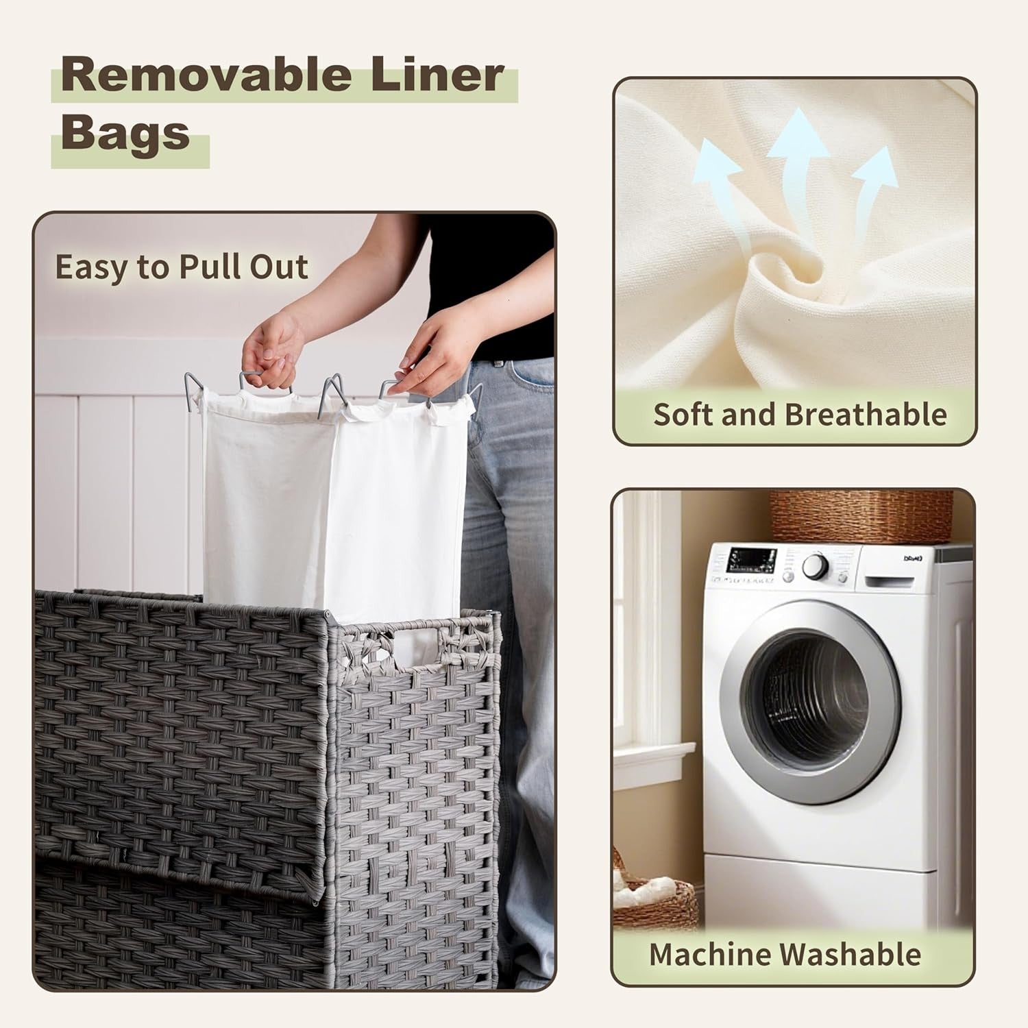 130L Grey Rattan Laundry Hamper 3 Section Basket with Lid & Storage Shelf