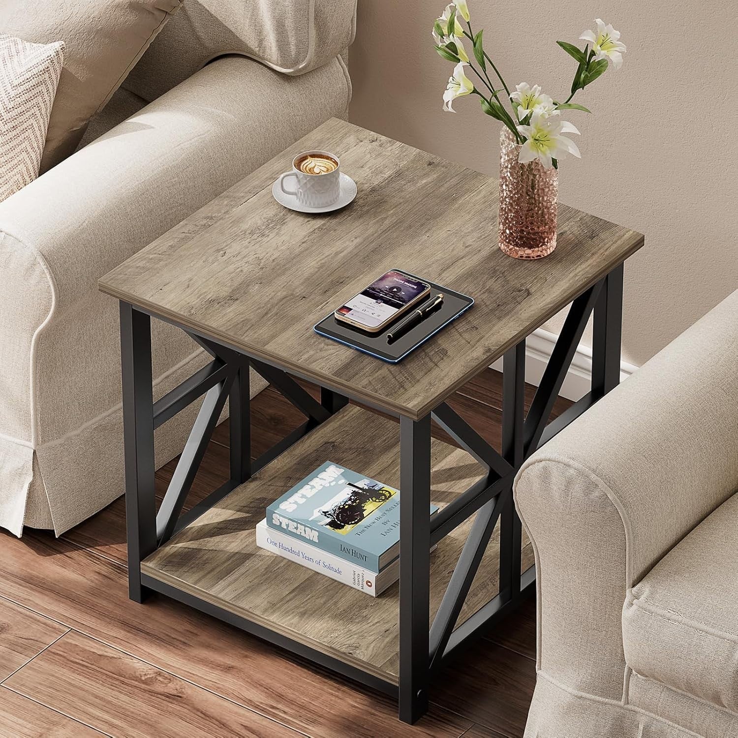 2-Tier Storage Side Table 50x50cm Square End Table Grey Wash Durable