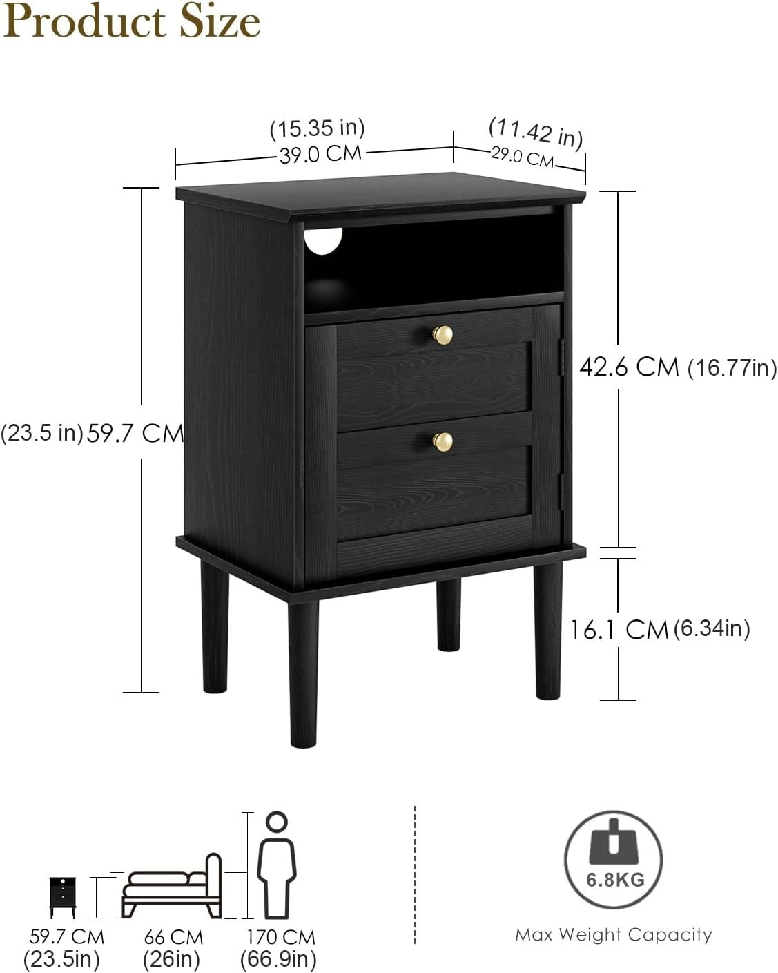 Black Wooden Bedside Table with Door & Open Shelf | Modern Vintage Nightstand