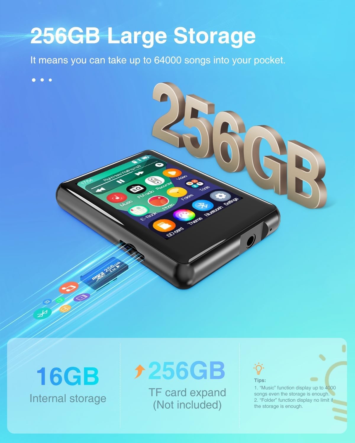 Bluetooth 5.3 MP3 Player 16GB Touch Screen FM Speaker 256GB