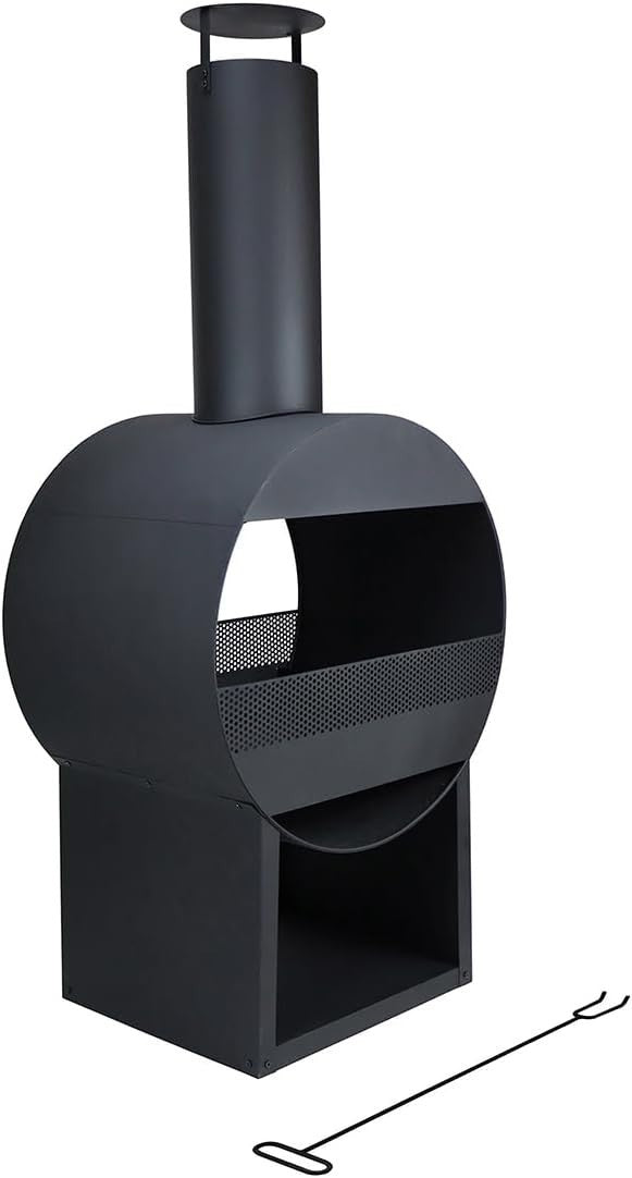 Outdoor Steel Chiminea Patio Heater Fire Pit Wood Charcoal Burner w/ Log Storage
