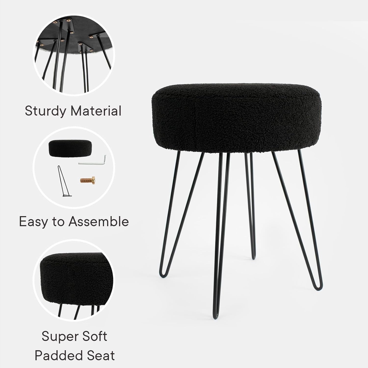 Black Bouclé Round Stool Modern Padded Pouffe Footrest Hairpin Leg Seat