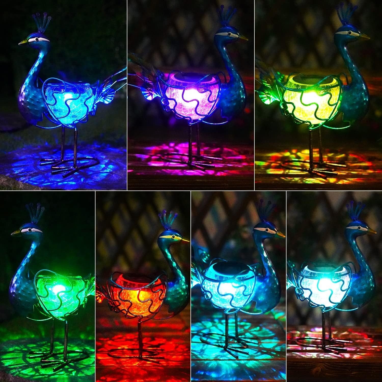 Solar Peacock Light Outdoor LED Garden Statue Metal Glass Yard Art Ornament