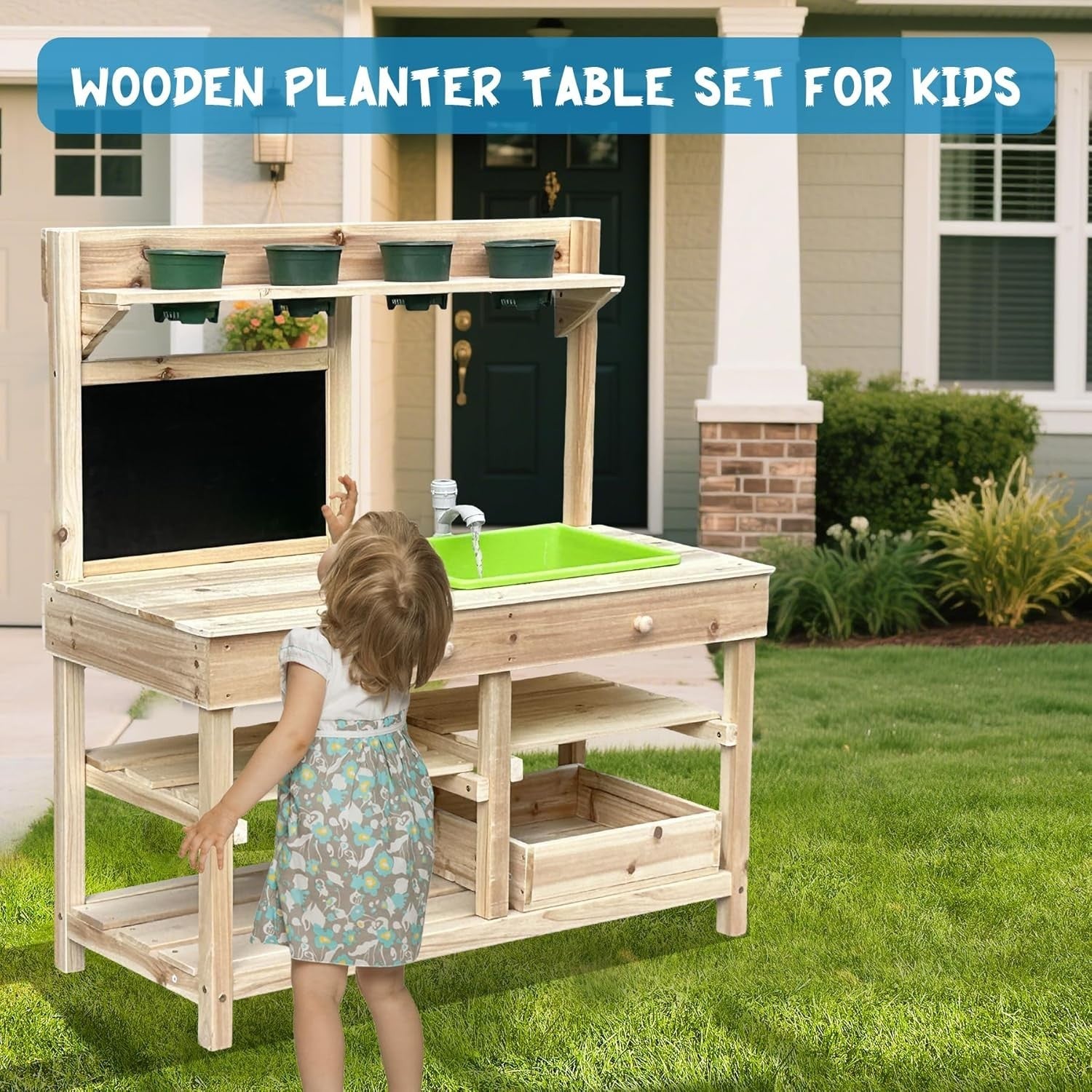 Outdoor Mud Kitchen for Kids Wooden Playset w/ Sink BBQ Grill