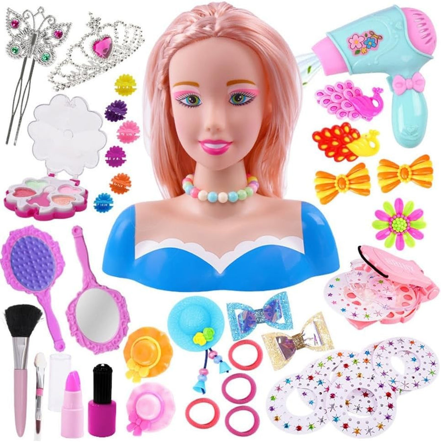 Kids Hair Styling Head Doll Playset 44pcs Makeup Hairdresser Toy