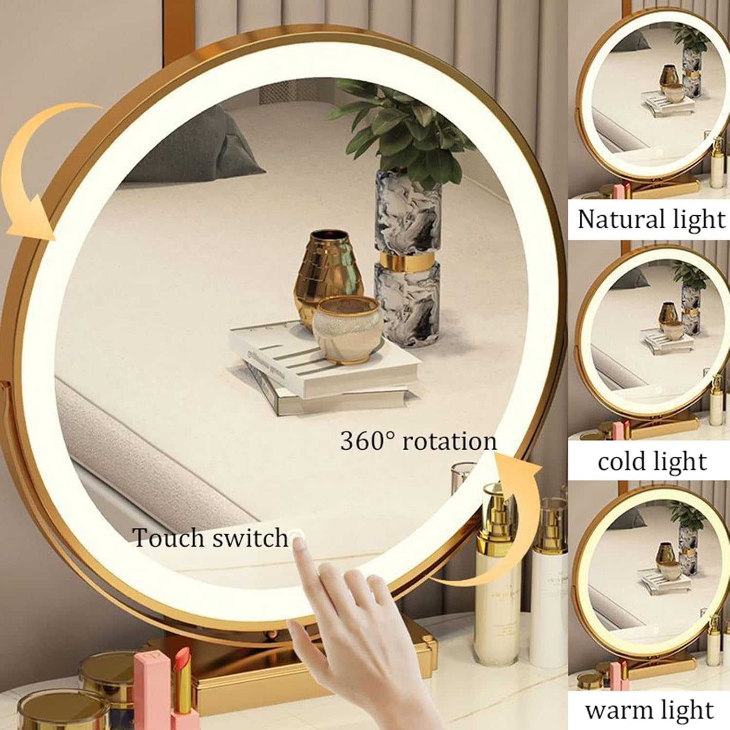 Modern Vanity Makeup Dressing Table Set LED Mirror Wireless Charger Grey/White