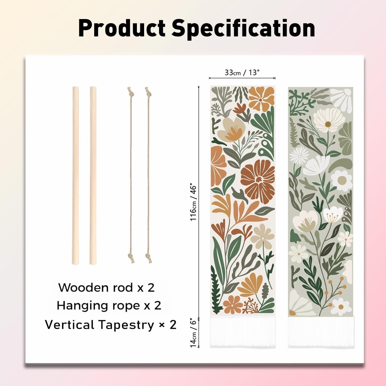 2-Pack Boho Floral Botanical Tapestry 52"x13" Vertical Wall Decor