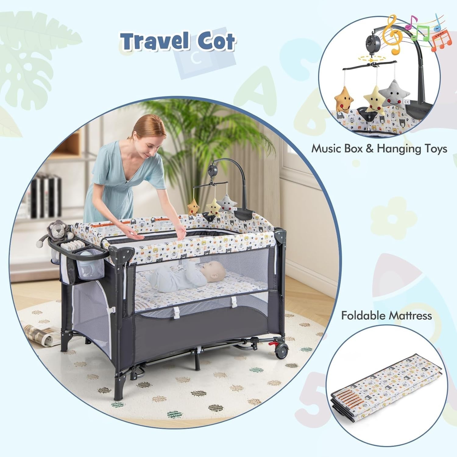 6in1 Baby Travel Cot Foldable Crib with Mattress, Changer & Storage Bear