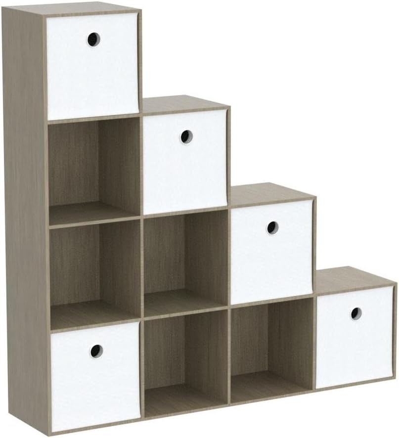 Oak 10 Cube Staircase Bookcase with 5 White Baskets Modern Storage Unit