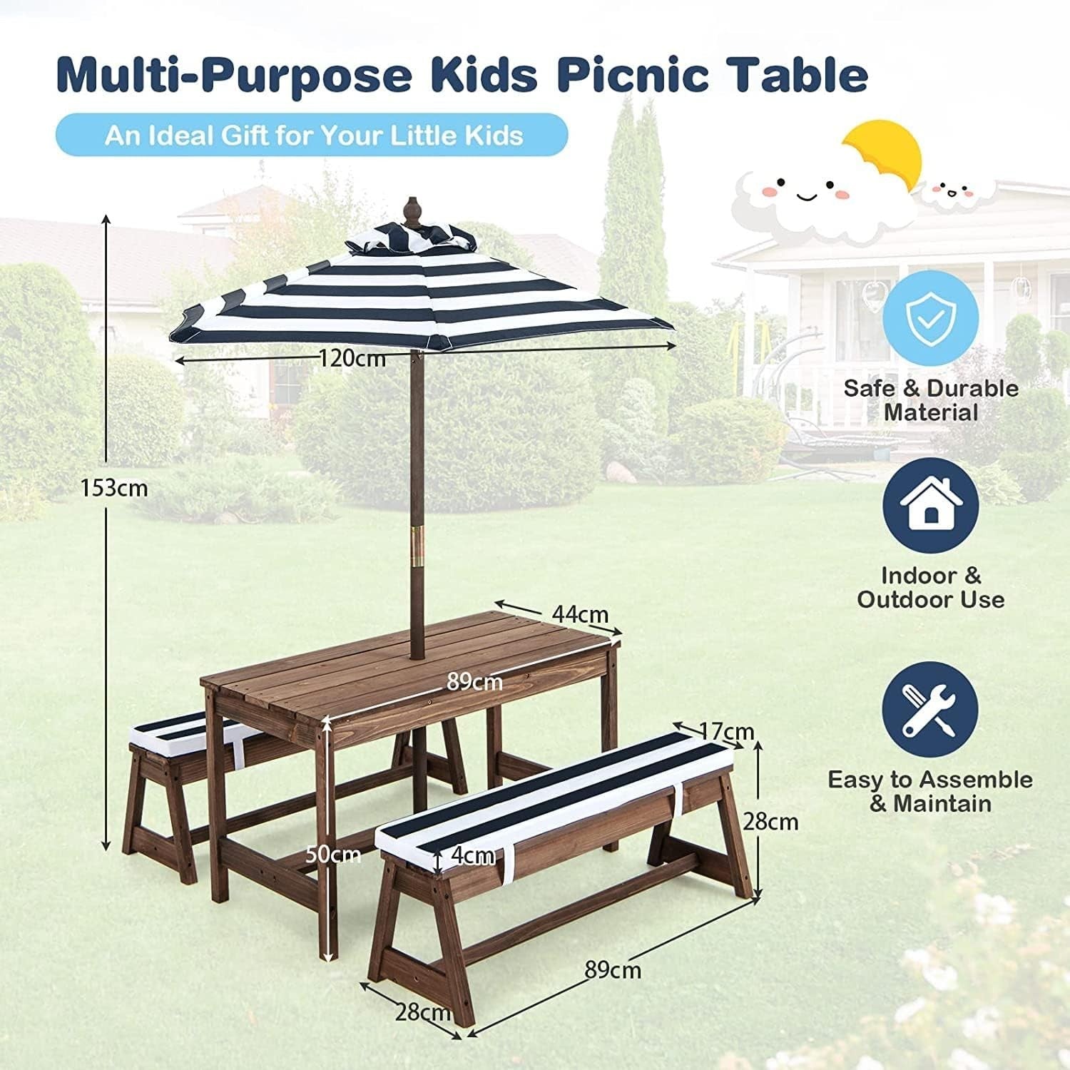 Kids Wooden Picnic Table Bench Set w/ Cushions & Foldable Umbrella Outdoor Blue