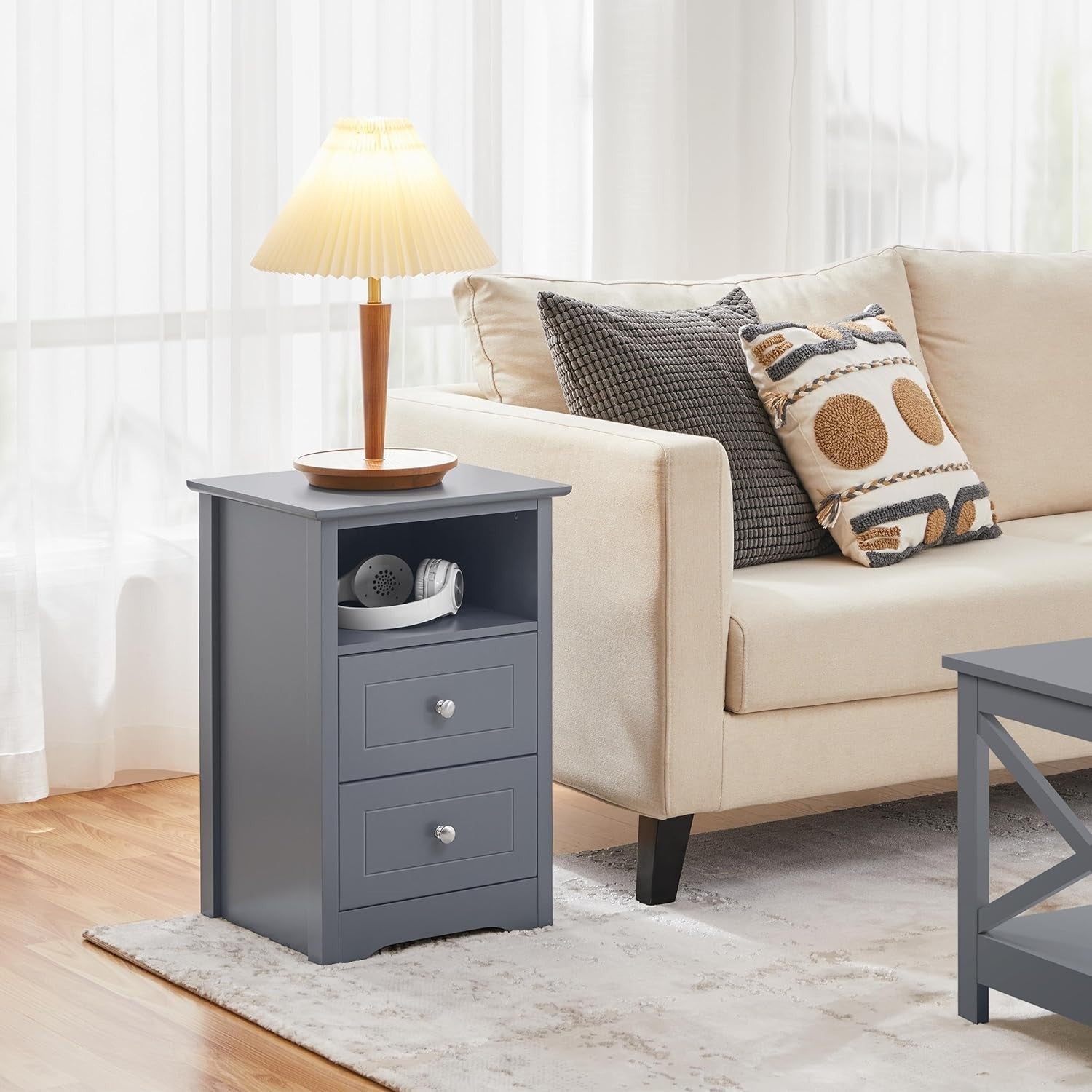 Dark Grey Bedside Table with Drawers & Open Shelf – Modern Wooden Nightstand