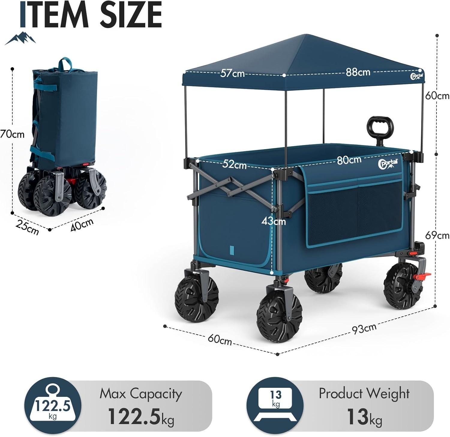 Blue 350L XXL Folding Beach Trolley Heavy Duty Wagon w/ Canopy & Tailgate