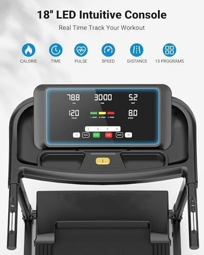 Foldable Incline Treadmill 3HP Motor 300LBS Shock Absorbing 15 Programs