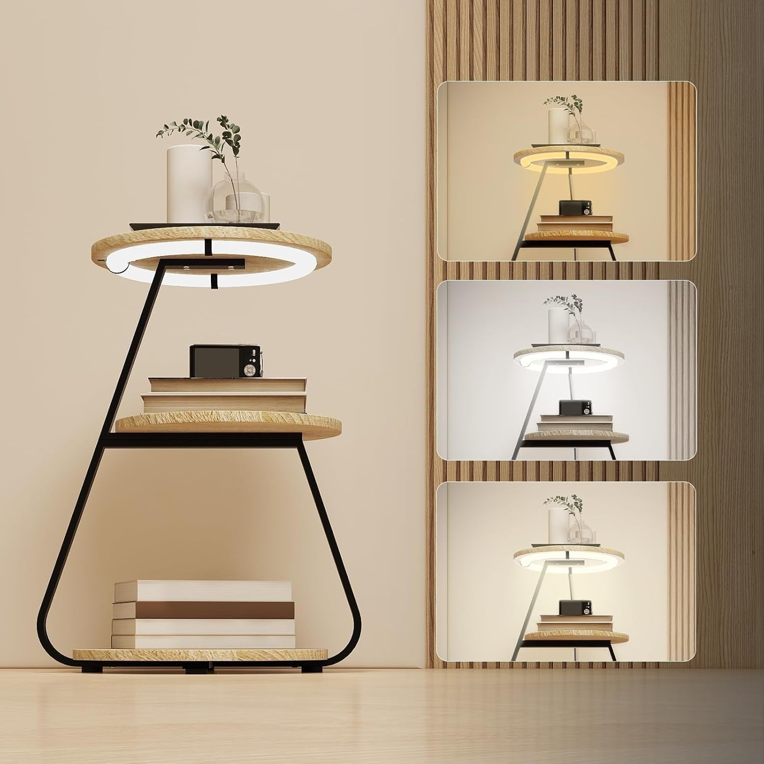 Set of 2 Oak LED Side Tables with 3-Tier Storage – Small Round Coffee Tables