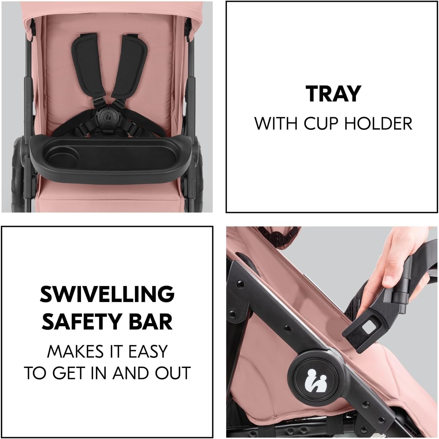 Lightweight Pushchair Foldable Pram Reclining Seat Snack Tray Cup Holder Pink