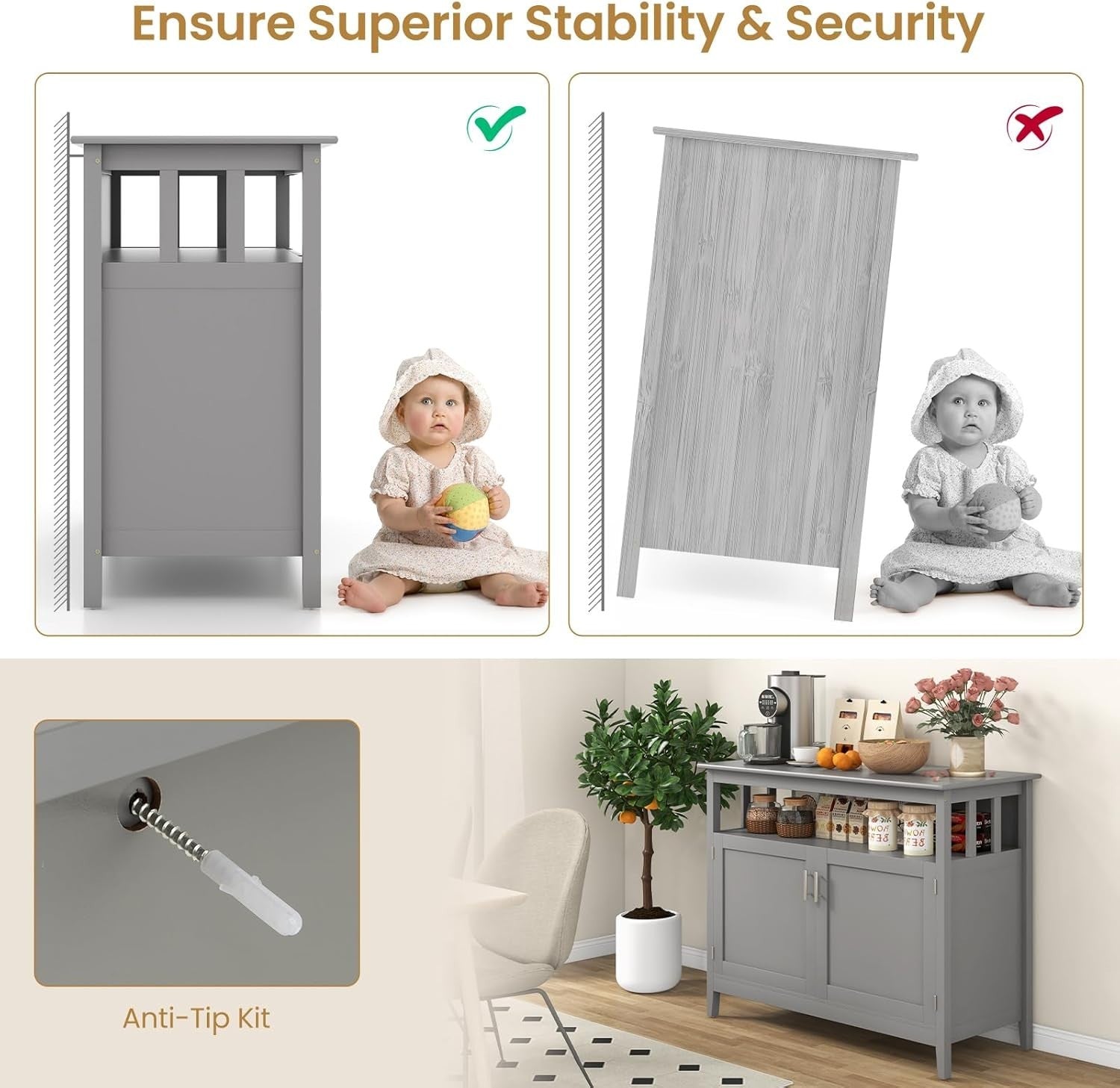 Grey Sideboard Buffet Table with Doors & Adjustable Shelf for Dining Room