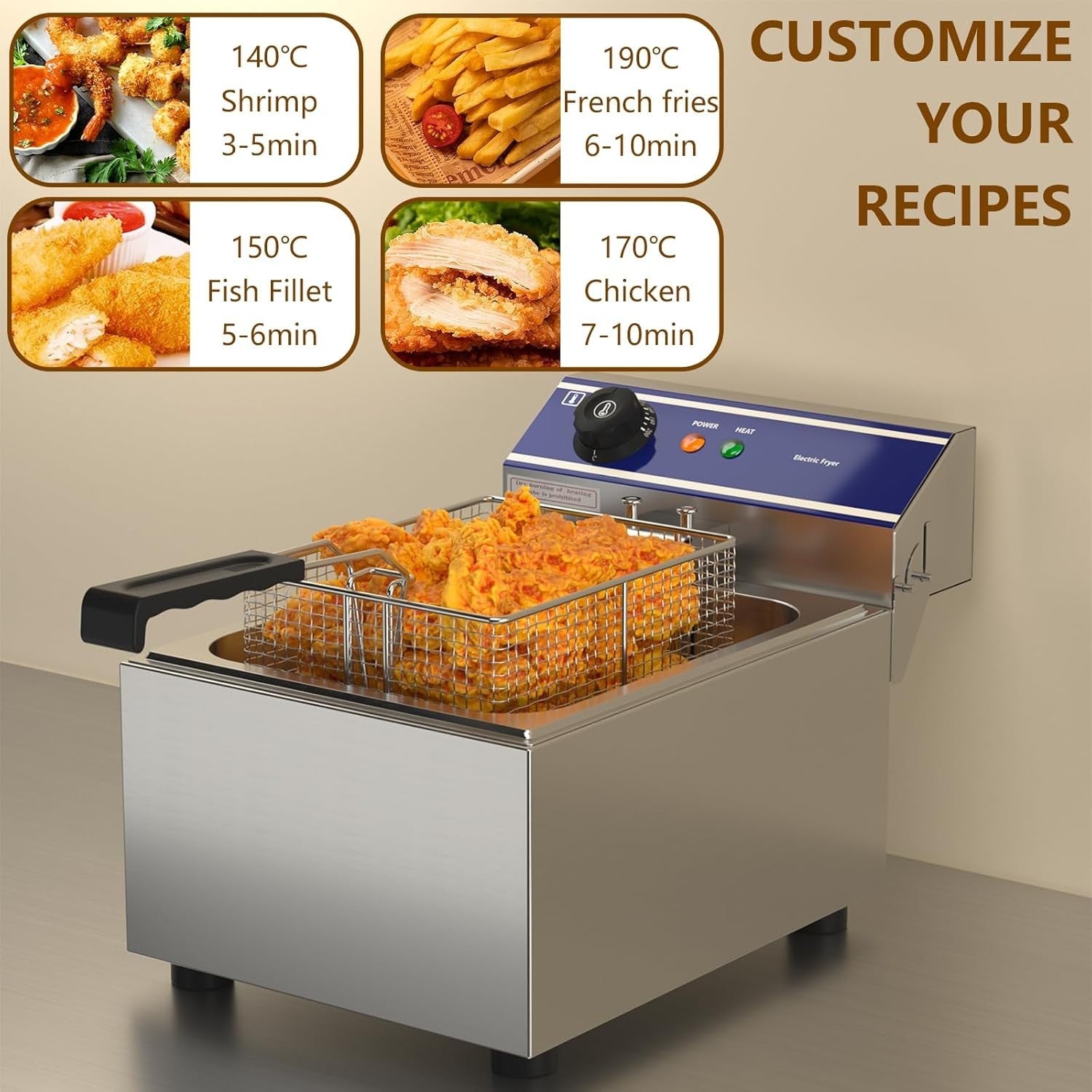 Commercial Electric Chip Fryer 6L 3000W Stainless Steel Countertop