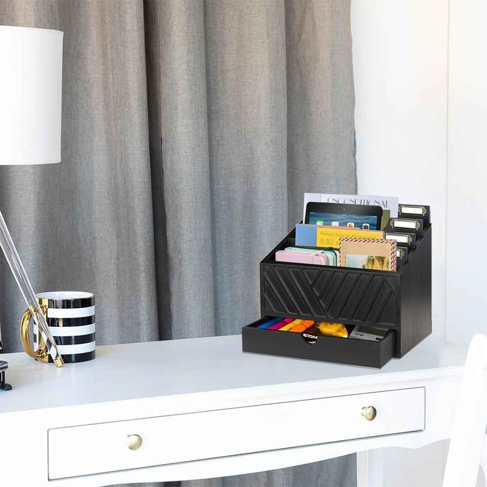 Wooden Desk Organizer Mail Sorter with Drawer | File Holder & Storage Box