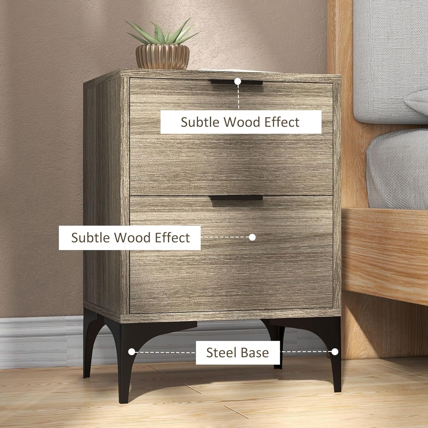 Set of 2 Modern Bedside Tables with 2 Drawers Grey Wood & Black Steel Legs
