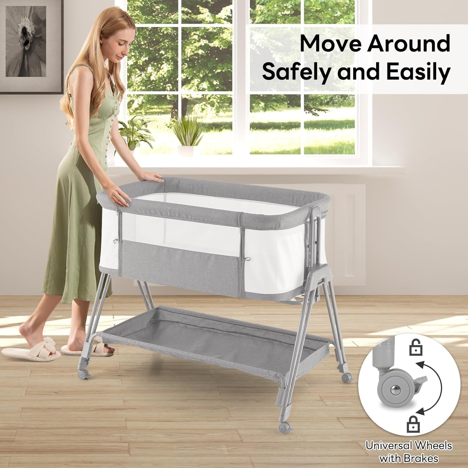 Baby Bedside Crib Adjustable Bassinet with Mattress Newborn Sleeper Grey