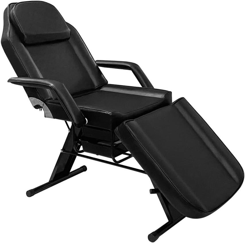 3-Section Massage Table Folding Beauty Bed Tattoo Chair w/ Storage Box Black
